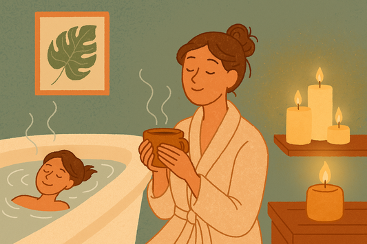 Cozy illustration of a woman holding a warm mug beside a bathtub and candles