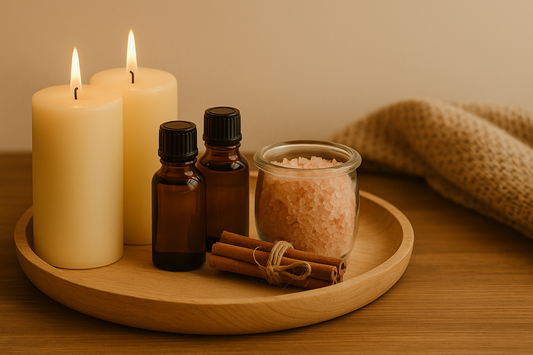 Wellness gift set with candles, essential oils, pink bath salts, and cinnamon on a wooden tray — Berrion self-care gift thumbnail
