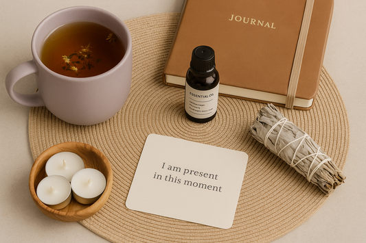 Berrion meditation banner featuring affirmation card, journal, essential oil, and herbal tea arranged for a calm mindful practice.