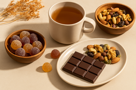 Berrion mood-boosting snacks flat lay featuring herbal gummies, dark chocolate, nuts, and herbal tea on a warm beige background with natural sunlight.