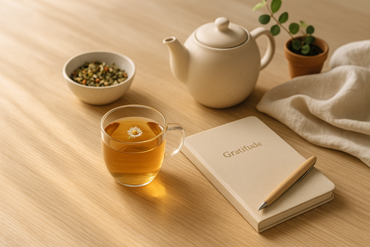 Berrion morning tea ritual banner featuring herbal tea, gratitude journal, and teapot in warm sunlight for a calm mindful start to the day.