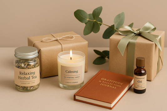 Berrion wellness gifts including herbal tea, candle, aromatherapy oil, and gratitude journal arranged with gift boxes in warm natural light.
