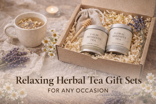 Relaxing herbal tea gift sets arranged with botanical teas, flowers, and warm neutral tones, designed as a thoughtful gift for any occasion