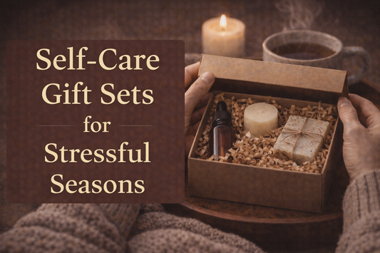Cozy self-care gift sets wrapped with ribbons, candles, and calming essentials designed for stressful seasons by Berrion