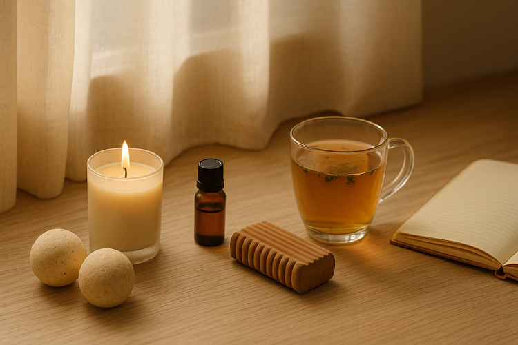 Berrion — new wellness arrivals including herbal tea, candle, and aromatherapy essentials on a wooden table in warm morning light