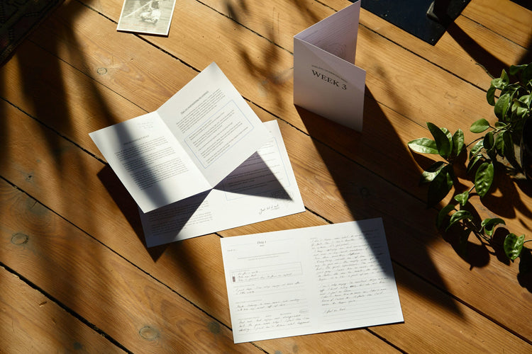 Berrion affirmation cards and prints, sunlight and mindful journaling scene