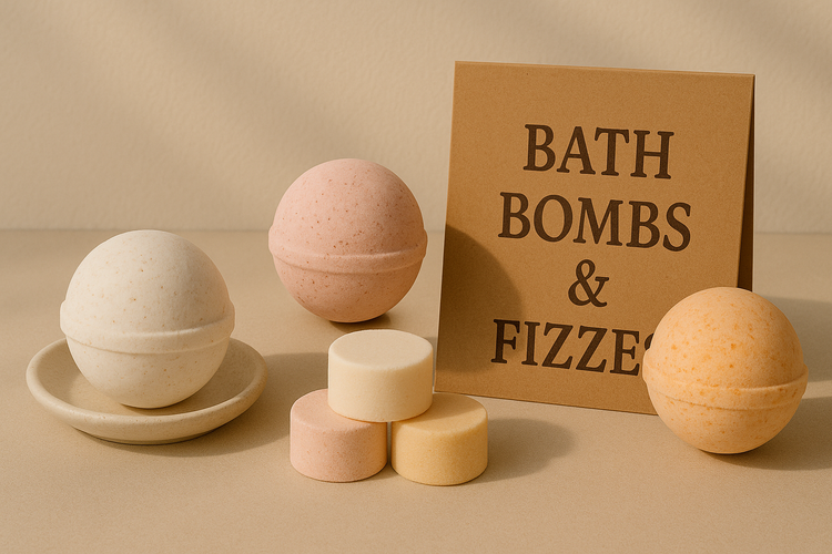 Berrion bath bombs and fizzes, colorful spa bath scene