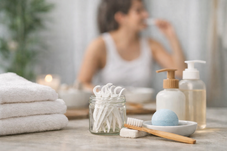 Lifestyle image of everyday personal hygiene essentials for home use, including oral and body care items on a bathroom counter