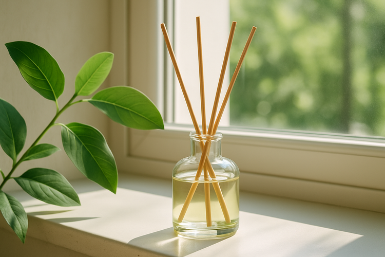 Berrion eco reed diffusers, sunlight and green plant interior