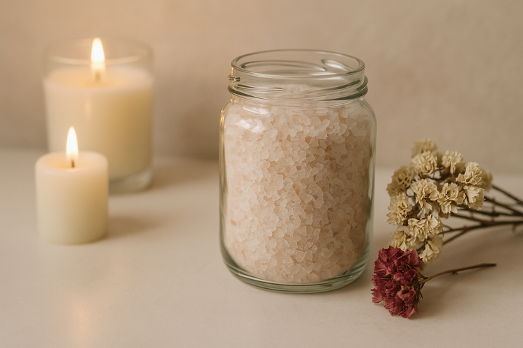 Berrion relaxing bath salts, floral salt jar with candlelight