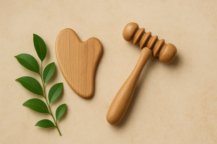 Berrion self-massage tools, wood texture and natural leaf calmness