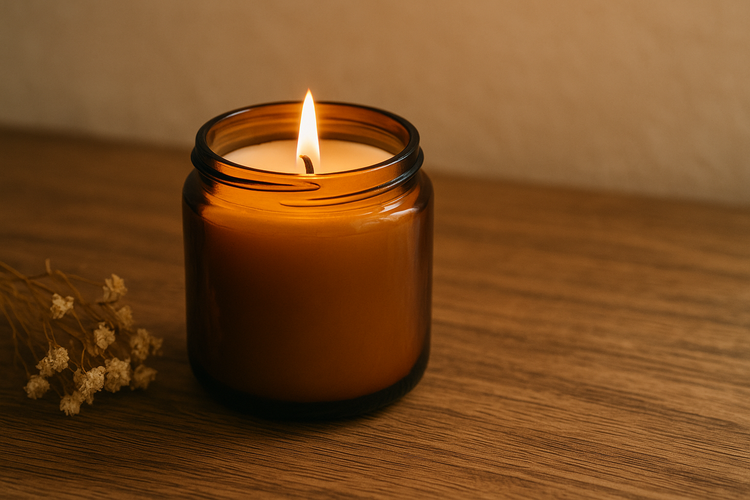 Berrion soy and natural candles collection, cozy wooden table and candlelight