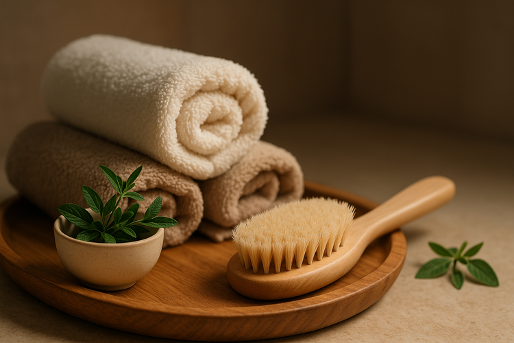 Berrion spa ritual accessories, natural spa tray and towel composition