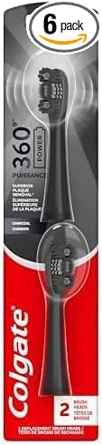 Colgate 360 Power Charcoal Toothbrush Heads | Soft Bristles | Rubber Polisher | For 360 Battery Toothbrush | Pack of 12