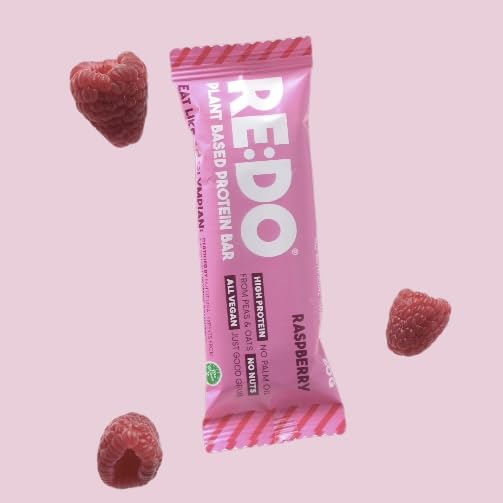 RE:DO Plant based Protein Bars I Swedish Raspberry 2.1oz bars I 12g Vegan Protein, Nutrition Protein Bars I High Protein Recovery Bars, No Palm oil I (9 count) (Large, Raspberry)