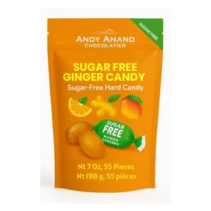 Andy Anand Chocolatier Sugar Free Ginger Candy - Gluten Free Made in Italy Hard Candy, Individually Wrapped Sweetened With Natural Stevia With Mango, Orange & Lemon Assorted Flavors ((55 Pcs, 7 Oz)