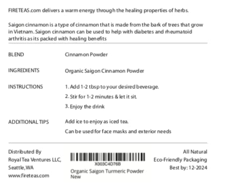 FIRE TEAS Pure Cinnamon Powder - Loose Leaf Tea -