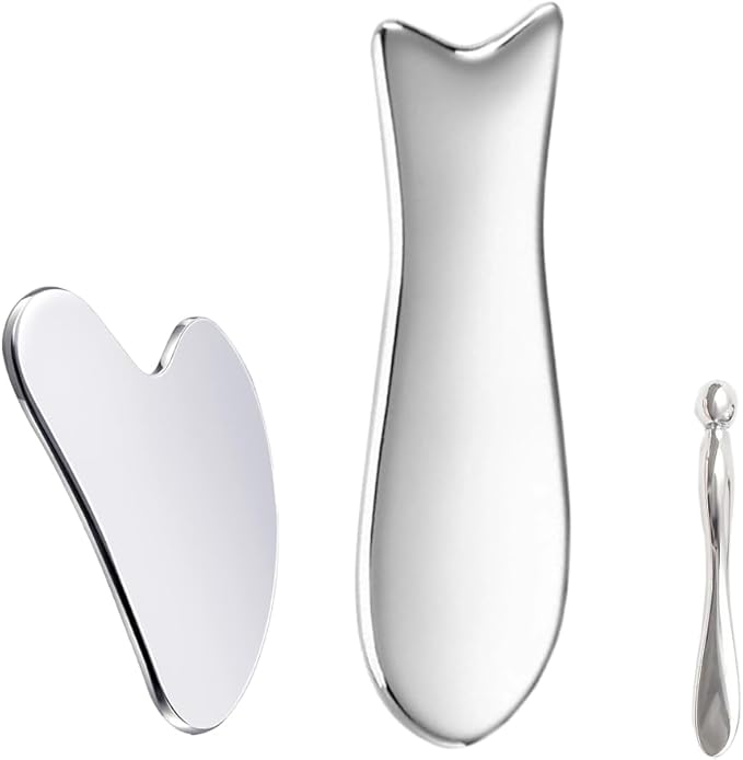 Stainless Steel Gua Sha Facial Tools 3 in 1 with Pouch,Facial Massage Tool Kit for Women’s Skincare Routine, Brighten and Sculpt Your Skin,Reduce Inflammation and Puffiness, Silver