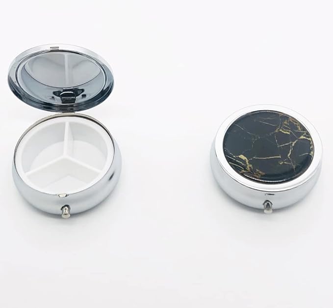 Gold Texture On Black Marble Background Pill Box Purse Pocket Small Round Silver Pill Case Decorative Box Metal Medicine Vitamin Pill Organizer Portable Unique Gift