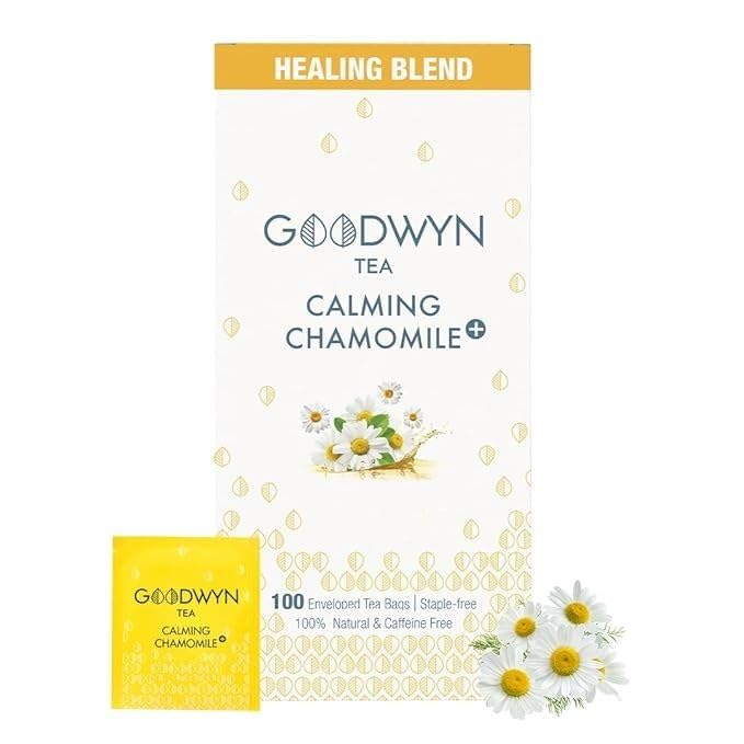 Goodwyn Chamomile Herbal Tea – 100 Count Tea Bags | Herbal Tea with Caffeine-Free Dried Chamomile Flowers & Real Petals | Plastic-Free Individually Wrapped Bags | Travel-Friendly | Aromatic, Soothing | Natural Indian Origin Tea