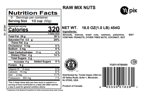 Yupik Raw Mix Nuts, 1 lb, Premium Natural Mixed Nuts with Almonds, Walnuts, Pistachios, Cashews, and Brazil Nuts, Healthy Snack,Brown, Pack of 1