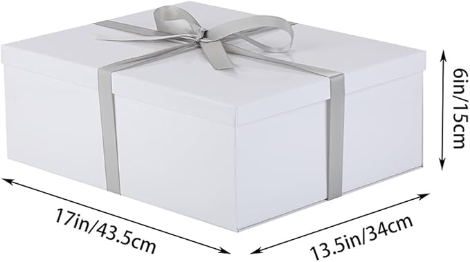 Extra Large Gift Box with Lid 17x13x6 Inches, White Gift Boxes for presents Packaging for Birthdays, Valentine's Day, Christmas, Anniversaries (Include Shredded Paper Fill, Envelope Card Ribbon)