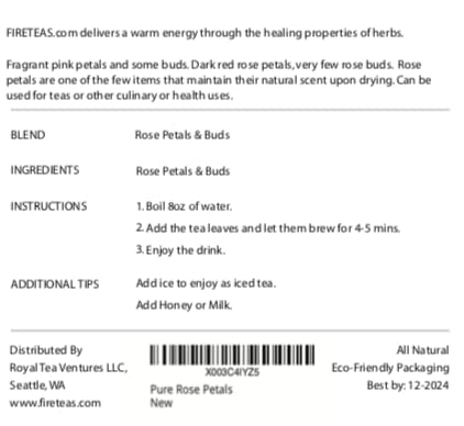 FIRE TEAS Pure Rose Tea - Dried Rose Petals, Buds & Flowers - Packaged in the USA.