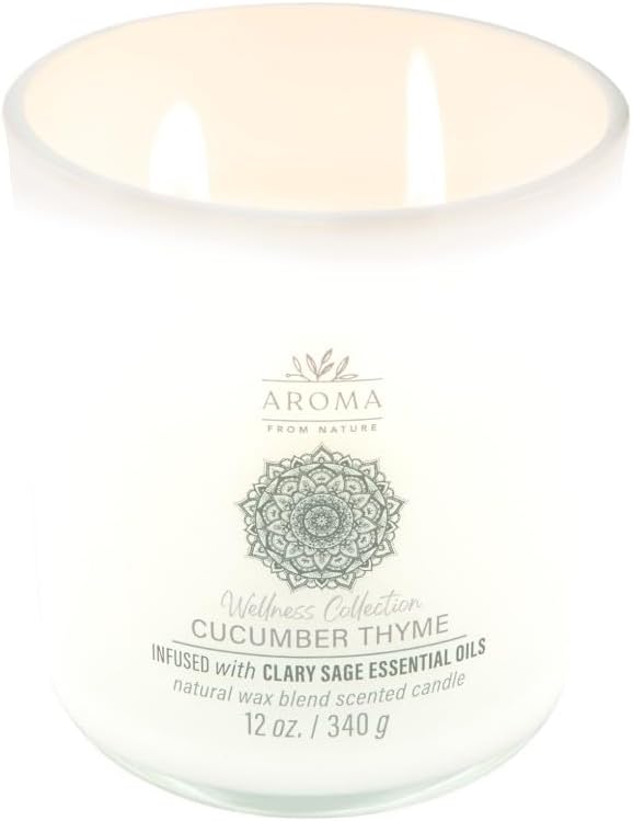 Aroma from Nature Wellness Collection Candle, 12 oz, 2 Cotton Wicks, Cucumber Thyme, Large Painted Jar