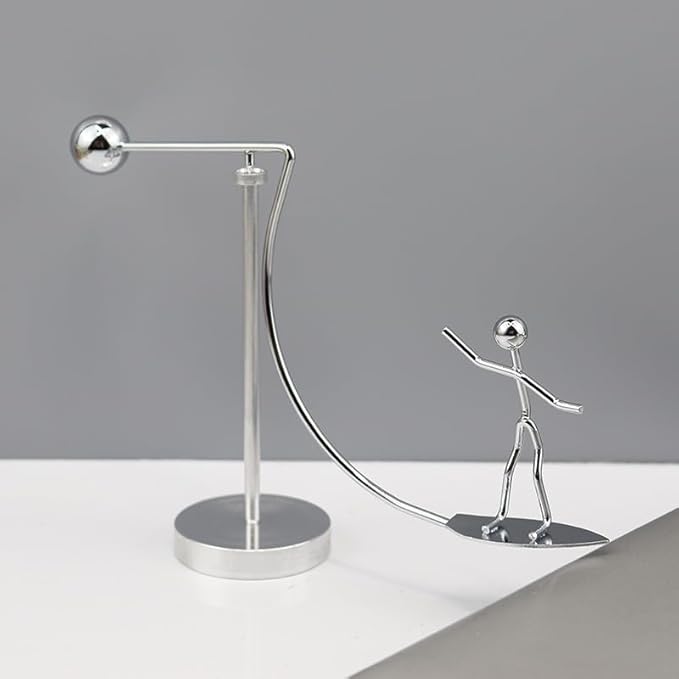 Kinetic Fishing Sculpture - Fisherman & Bass Balancing Art - Unique Metal Balance Sculpture for Home or Office Decor (Surfboard Ornament)