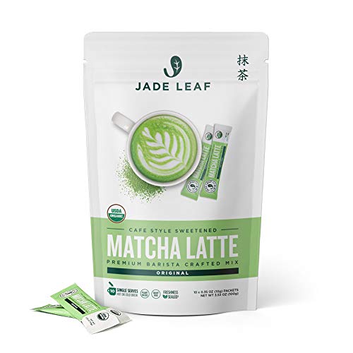 Jade Leaf Organic Matcha Latte Mix - Cafe Style Sweetened Blend - Sweet Matcha Green Tea Powder - 10ct Single Serve Stick Packs
