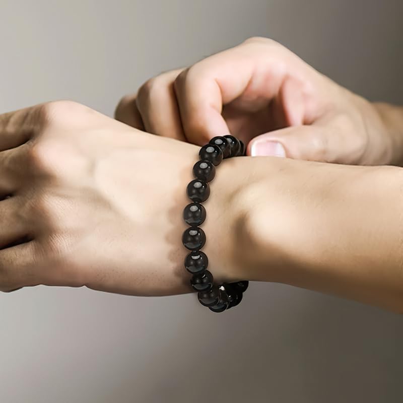 Black Tourmaline Bracelets For Men Protection Black Obsidian Bracelets For Women Chakra Feng Shui Stretchy Obsidian Agates 8mm Beaded Bracelets Lucky Handmade Bracelets(A Grade Tourmaline)
