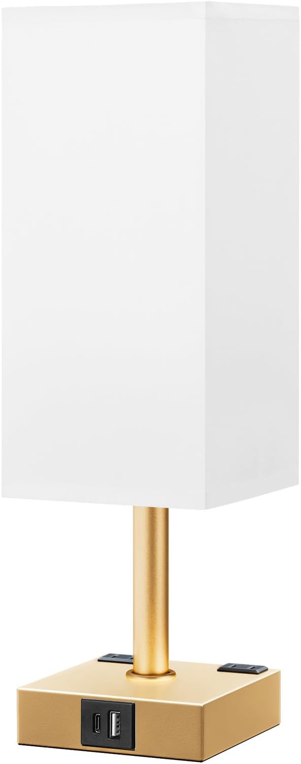 Gold White Touch Table Lamp - Bedside Lamp with USB A + Type C Charging Ports and Two AC Outlets, Small Night Stand with E26 LED Bulb, Desk Light for Bedroom Living Room Office Dorm