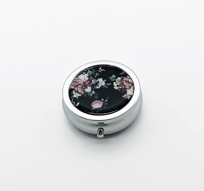 Beautiful Retro Flowers Pill Box Purse Pocket Small Round Silver Pill Case Decorative Box Metal Medicine Vitamin Pill Organizer Portable Unique Gift