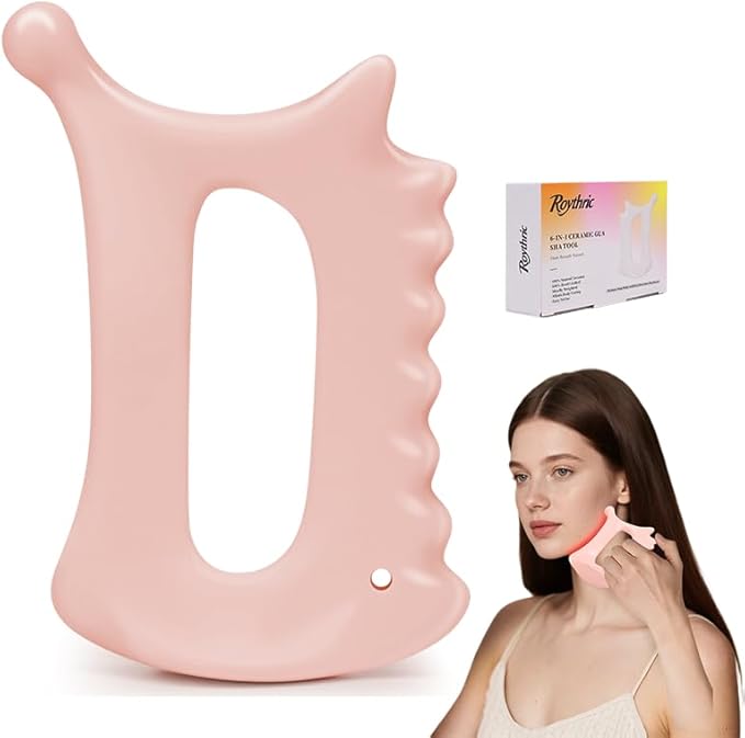 Upgraded 6-in-1 Ceramic Body Massage Tool,Korean Manual Guasha Facial Massage for Face Lift, Muscle Relief Scraping Tool, Skin Care Gift Gift for Friend, Wife,Pink