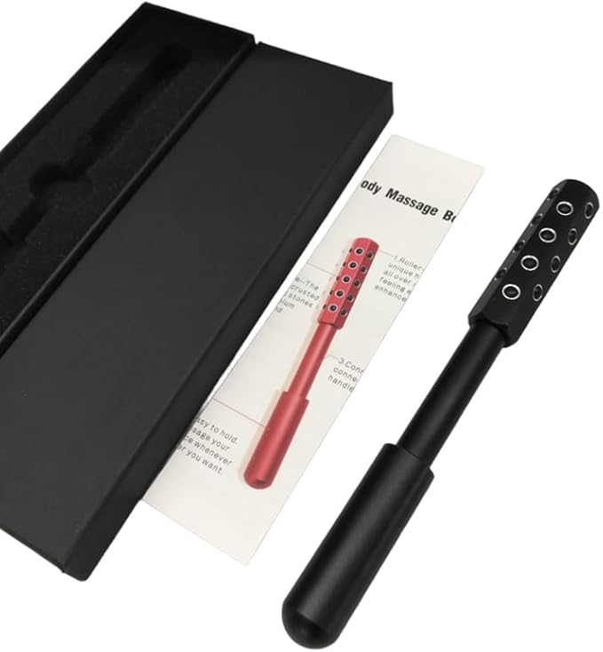 24-Stone Facial Roller - Cooling Face & Neck Massager Tool for Skin Rejuvenation | 360° Contouring with Germanium Stones & Aircraft Aluminum | Portable 7.6" Beauty Roller - Black