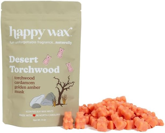 Happy Wax Desert Torchwood Scented Bear Wax Melts - Natural Strong Scented Woodsy Wax Melts Infused w/Essential Oils - Non Toxic Wax Melt & Pet Safe Wax Melts - (8 oz Pouch)