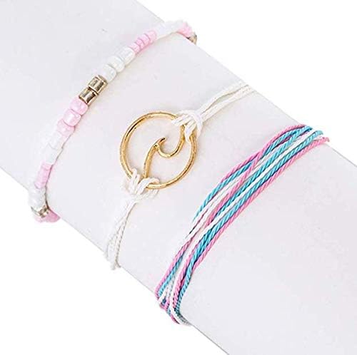 kelistom Handmade Braided Wax Rope Adjustable Strand Wrap Bracelet Set Waterproof Wave Shell Charm Stretch Knot String Thread Bracelets Friendship Jewelry