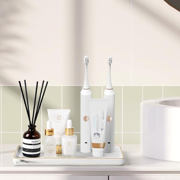 Gurygo 10" Bathroom Tray for Counter, Ceramic Vanity Trays for Bathroom, Small Rectangle Ceramic Trays, Kitchen Soap Ceramic Tray for Kitchen Counter, (Marble White, Set/1)