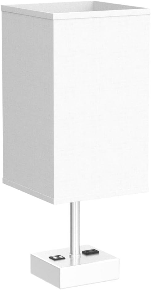 Dott Arts Touch Control Bedside Lamp, 3 Way Dimmable Nightstand Lamp with 2 USB Ports & AC Outlet, Modern Style, White Fabric Shade