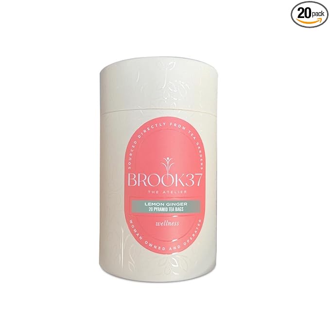 Brook37 Lemon Ginger Eco Herbal Green Tea - Wellness Tea Blend with Real Ginger, Lemongrass, Tulsi & Moringa | Low Caffeine, Digestive Aid | 20 Biodegradable Pyramid Tea Bags | Elegant Gift for Tea Lovers