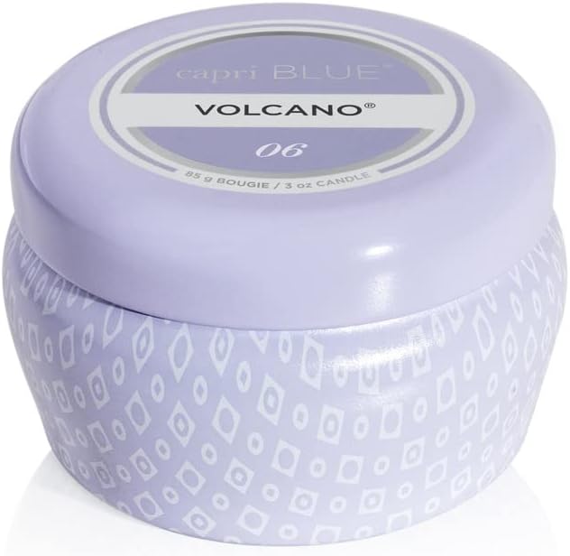 Capri Blue Volcano Scented Mini Tin Jar Candle - Printed Mini Tin Candles for Home Scented with Tropical Fruit & Sugared Citrus - Long Lasting Soy Wax Blend - Lavender Colored (3 oz)