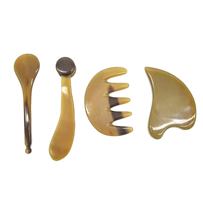 i-lan 4 Pack OX Horn Gua Sha Tool Sets, Chinese Scraping Board, Massage Comb Reflexology Stick Gua Sha Spoon Board for Face, Body, Neck Releasing, Muscle Pain Reducing
