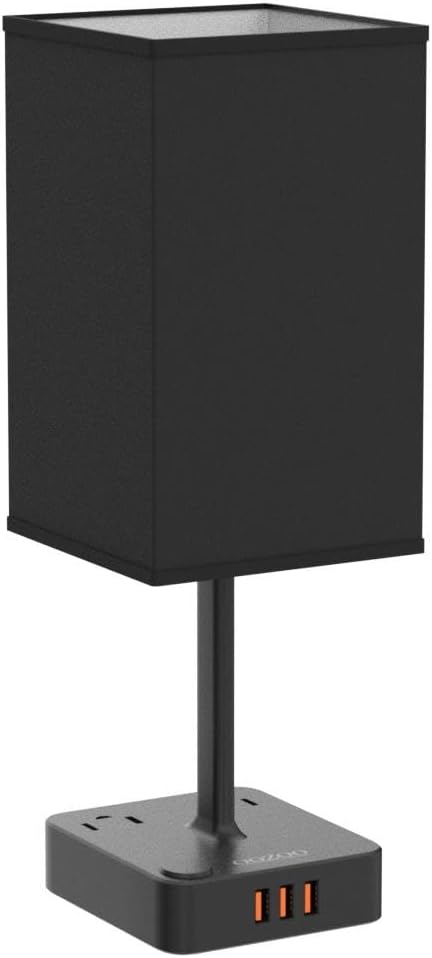 cozoo USB Bedside Table Desk Lamp with 2 USB Charging Ports and 2 Outlets Power Strip,Black Charger Base with Black Fabric Shade, LED Light for Bedroom/Nightstand/Living Room