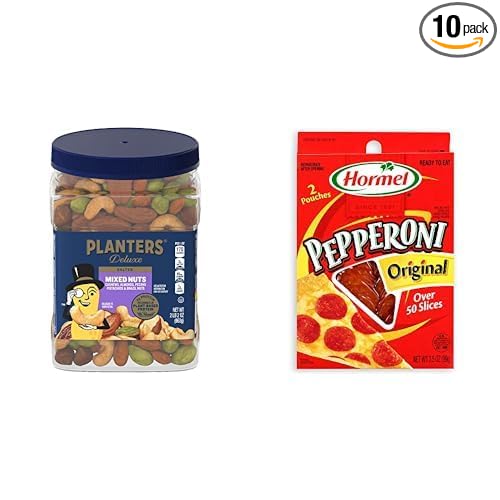 Bundle of PLANTERS Deluxe Salted Mixed Nuts, Party Snacks, 34oz (1 Container) + Hormel Original Pepperoni Slices, 3.5 oz. (Pack of 10)