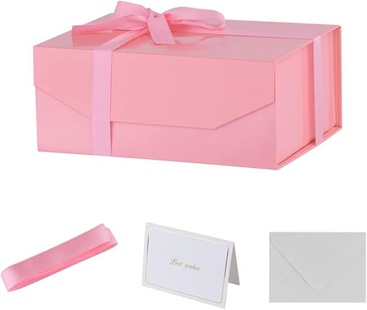 1PCS Pink Gift Box with Ribbon 9.5x7x4 Inches，Sturdy Gift Box with Lid for Gift Packaging, Foldable Magnetic Closure Storage Boxes, Bridesmaid proposal box, Rectangle Collapsible Box
