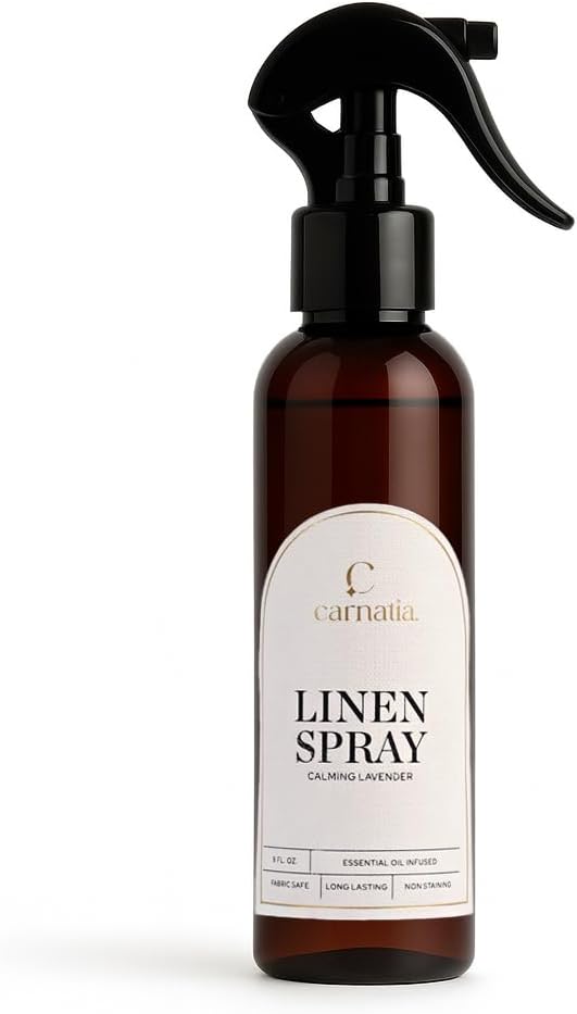 Carnatia Calming Lavender Linen Spray – 8 oz Aromatherapy & Home Mist with Essential Oils – Relaxing Lavender Scent for Bedding, Pillows, Fabric Surfaces, Laundry & Rooms – Trigger Pump Bottle
