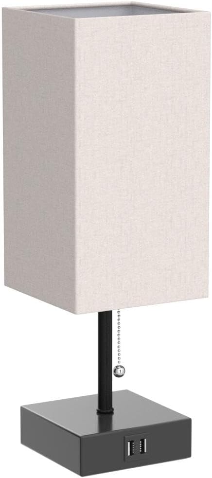 GGOYING Bedside Table Lamp, Pull Chain Table Lamp with USB C+A Charging Ports, 2700K LED Bulb, Fabric Linen Lampshade, Nightstand Lamp for Livingroom Bedroom Office Reading Working