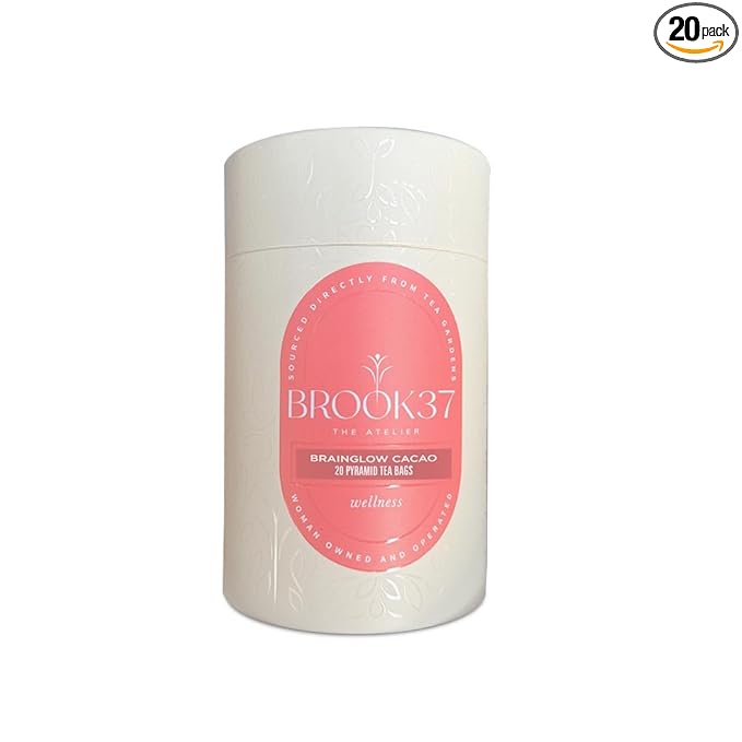 Brook37 BrainGlow Cacao Eco Herbal Tea - Botanical Tea with Roasted Cacao, Ashwagandha, Black Tea, Turmeric, Cinnamon & Ginger | Low Caffeine Chocolate Spice Tea | 20 Biodegradable Pyramid Bags | Elegant Gift for Tea Lovers