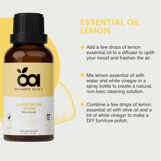 Lemon Essential Oil by Organic Alley (1 Fl Oz) | 100% Pure, Undiluted, Natural Citrus Limonum Oil | Lemon Oil for Skin, Cleaning & Aromatherapy | Fresh, Zesty Scent