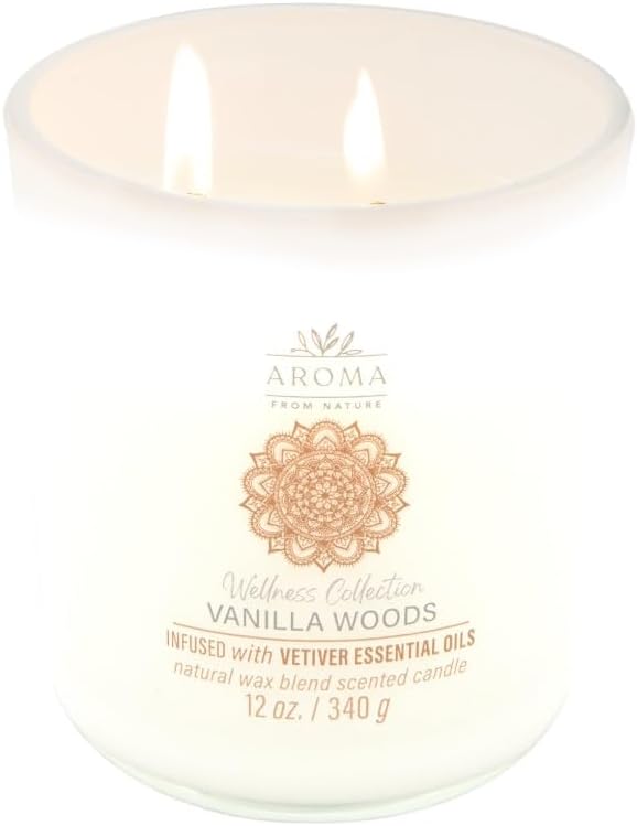 Aroma from Nature Wellness Collection Candle, 12 oz, 2 Cotton Wicks, Vanilla Woods, Large Painted Jar